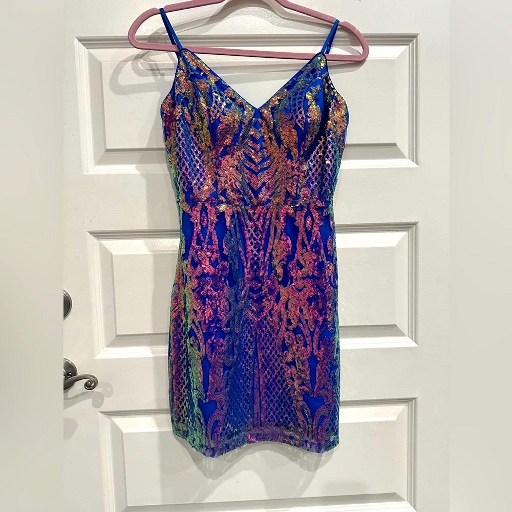 City Studio Blue and Gold Patterned Mini Dress